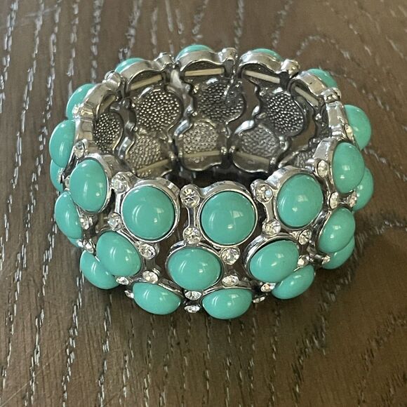 Faux Turquoise Silver Rhinestone Bracelet Women One Size Stretch Aztec Fashion - Picture 1 of 5